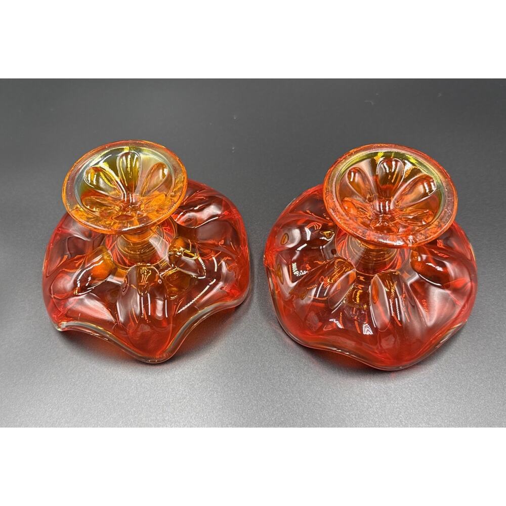 MCM VIKING Persimmon Amberina 6 Petal Candle Holders GLOW - Picture 5 of 10